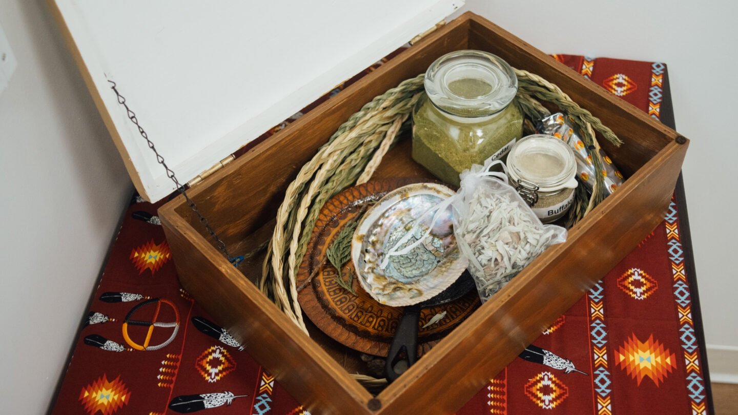 A close-up of the box that contains the PCN's smudging components and traditional medicines, such as sage.