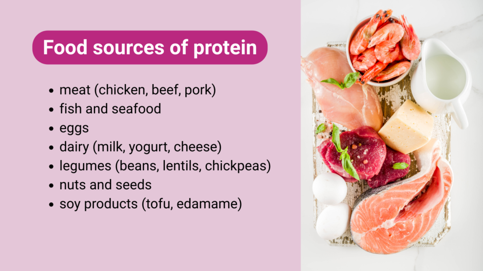 Food sourced of protein with a photo of the mentioned foods: -meat (chicken, beef, pork) -fish and seafood -eggs -dairy (milk, yogurt, cheese) -legumes (beans, -lentils, chickpeas) -nuts and seeds -soy products (tofu, edamame)