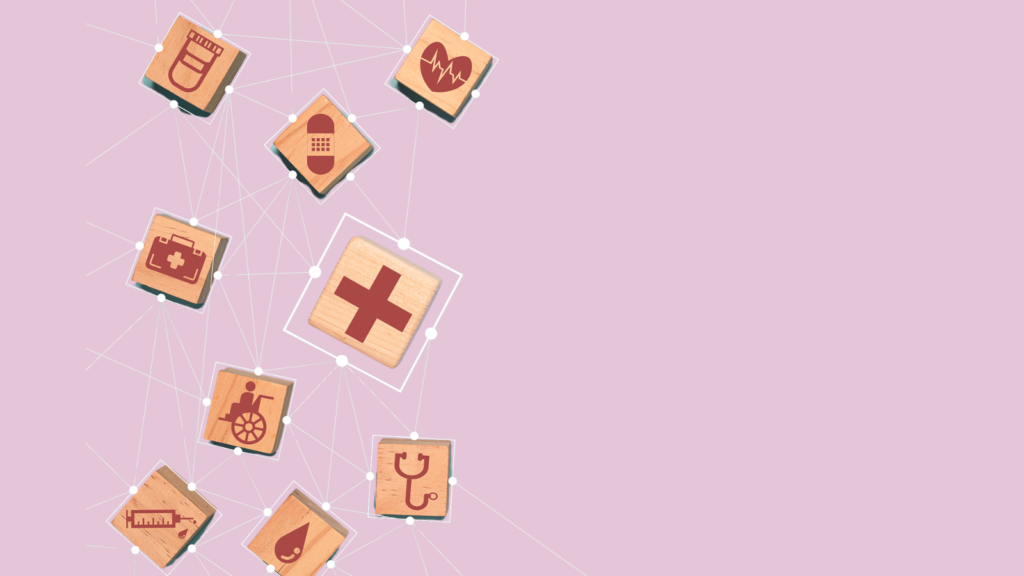 Photo contains a series of blocks, linked by white lines, with medical iconography on them