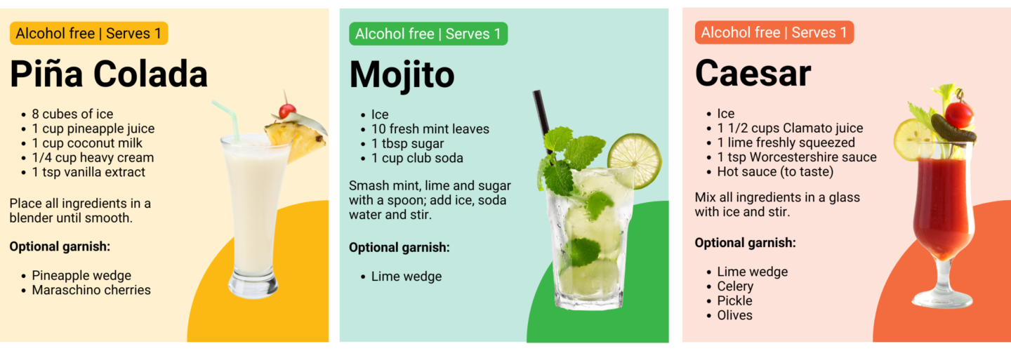 three mocktails with recipes, pina colada, mojito, caesar