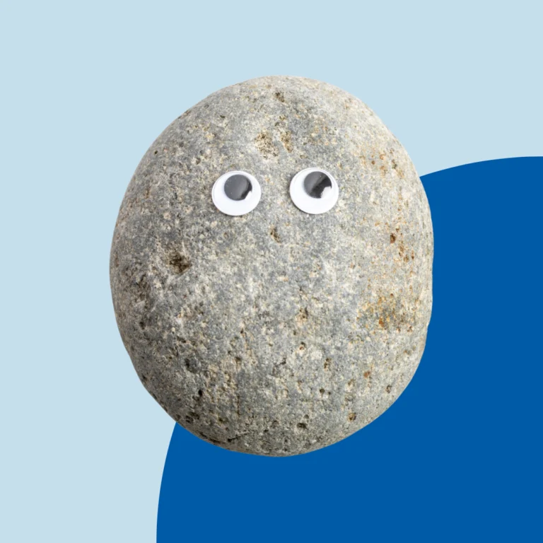 Rock with googly eyes representing a kidney stone.
